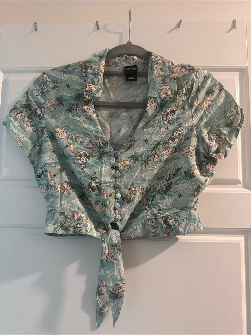 Disney Seafoam Tie-Front Crop Blouse with Tropical Print